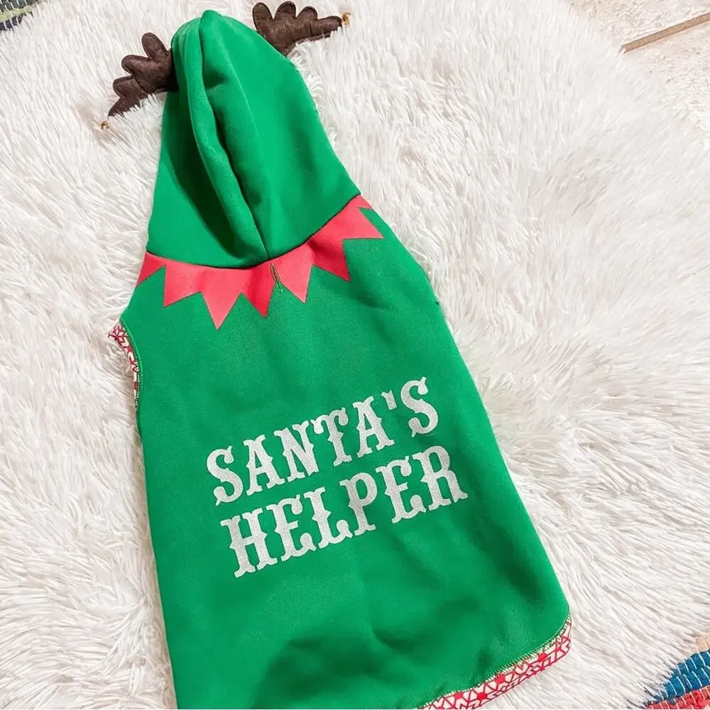 Santa’s Helper Green Reindeer Antlers Hooded Dog Costume Shirt